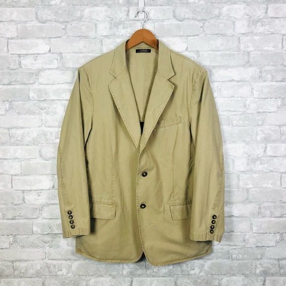 LL Bean Khaki Cotton Sport Coat 42R Tan Cotton Two Button Blazer - Picture 2 of 15